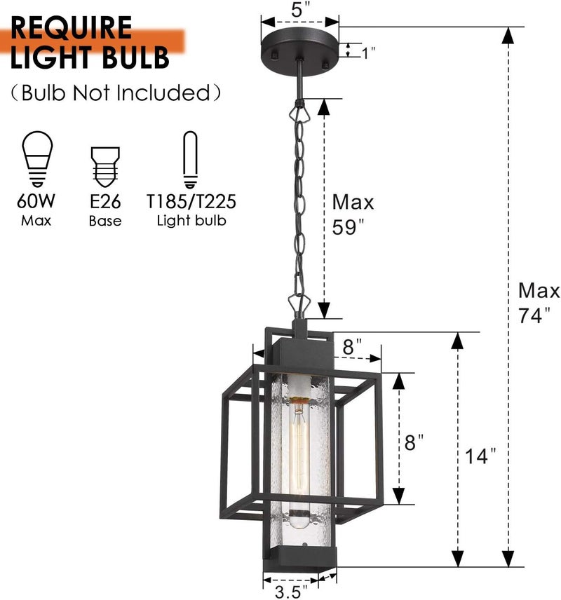 Osimir Outdoor Pendant Light, 16" 1-Light Large Hanging Porch Light Fixtures, Modern Black Outside Chandelier Lantern Lighting with Bubble Glass for Porch Gazebo Entryway, 2375/1HL - Image 3
